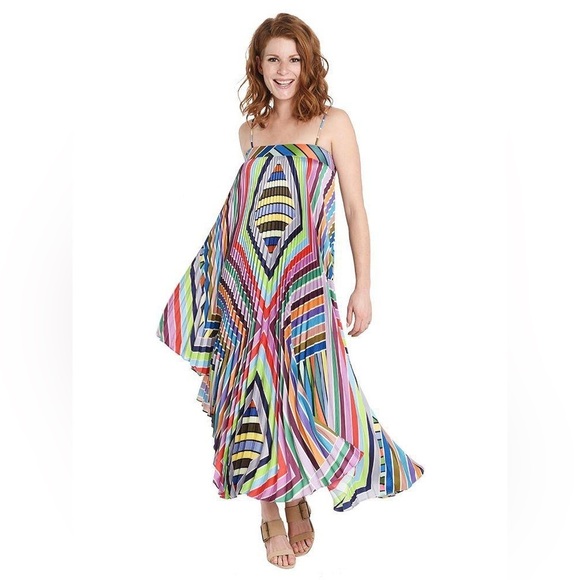 Milly Dresses & Skirts - MILLY Irene Pleated Dress Asymmetrical Colorful Square Neck Side Zipper Size 2